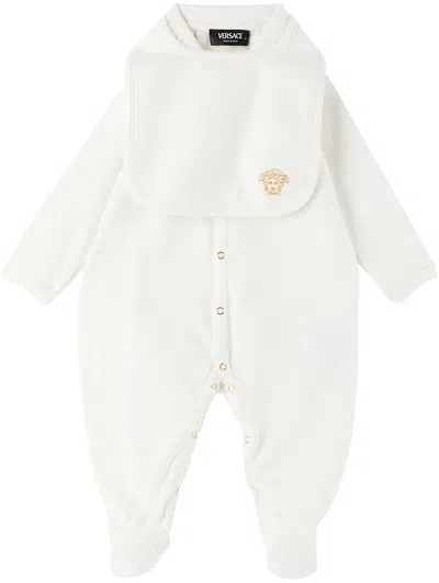 Shop Versace Baby White Medusa Jumpsuit & Bib Set In Bianco+oro