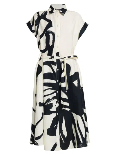 Shop Kiton Women's Abstract Floral Linen Belted Shirtdress In White Black