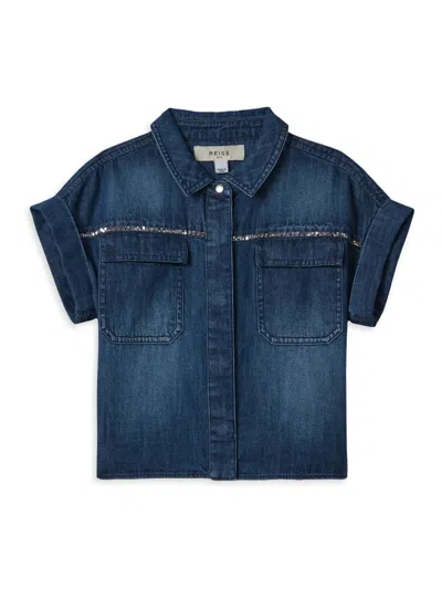 Shop Reiss Little Girl's & Girl's Sandie Denim Short-sleeve Shirt In Blue