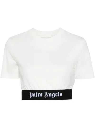 Shop Palm Angels T-shirt Crop Con Banda Logata In White