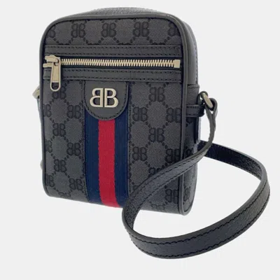 Pre-owned Gucci X Balenciaga Black Bb Canvas Web Mini Ophidia Phone Bag In Grey