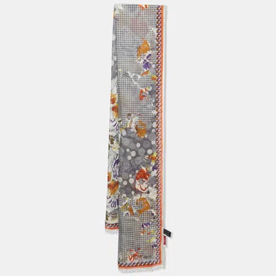 Pre-owned Kenzo Grey Houndstooth Floral Print Wool & Silk Stole