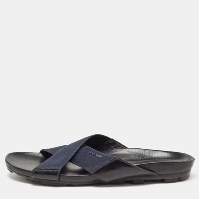Pre-owned Prada Blue/black Leather And Canvas Criss Cross Flat Slide Size 43.5 In Navy Blue