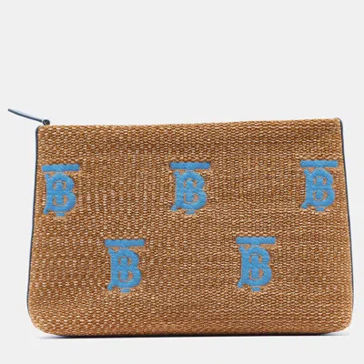 Pre-owned Burberry Beige/blue Straw And Leather Duncan Clutch