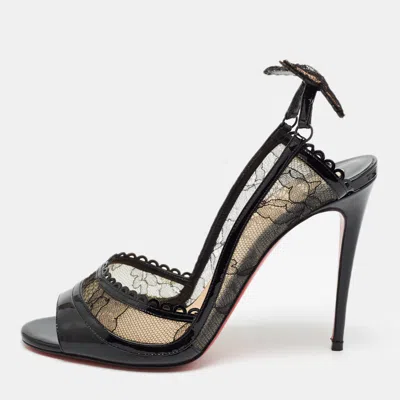 Pre-owned Christian Louboutin Black Lace And Patent Leather Hot Spring Butterfly Pumps Size 37.5
