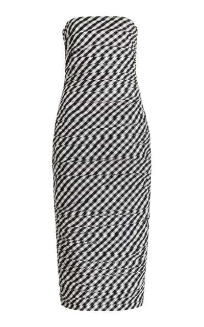 Shop Bernadette Tia Ruched Gingham-taffeta Midi Dress In Black,white