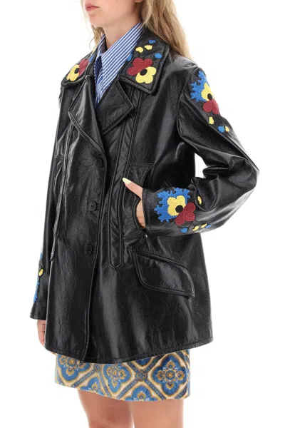 Shop Etro Jacket In Patent Faux Leather With Floral Embroideries In Black