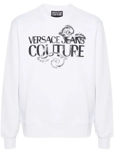 Shop Versace Jeans Couture Crewneck Cotton Sweatshirt With Print In White