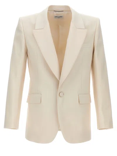 Shop Saint Laurent Silk Single Breast Blazer Jacket In Beige