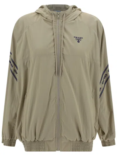 Prada Cotton Shell Hooded Jacket In Kaki