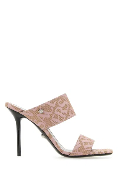 Shop Versace Embroidered Jacquard Cavas Allover Mules In Pink