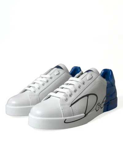 Shop Dolce & Gabbana White Blue Leather Low Top Sneakers Men's Shoes In Blue And White