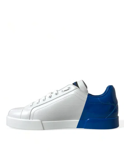 Shop Dolce & Gabbana White Blue Leather Low Top Sneakers Men's Shoes In Blue And White