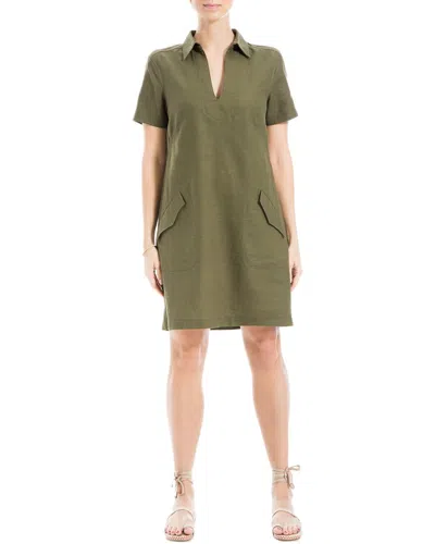 Shop Max Studio Collar V-neck Linen-blend Short Dress In Green