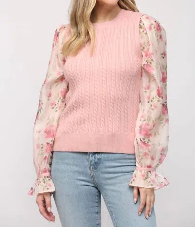 Shop Fate Floral Print Organza Sleeve Cable Knit Sweater In Pink