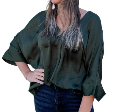 Shop Glam V-neck Wide Sleeve Satin Top In Olive In Green