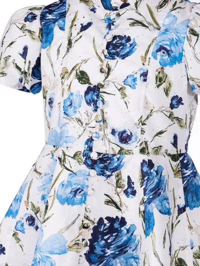 Shop Marchesa Flower-print Cotton Dress In Blue