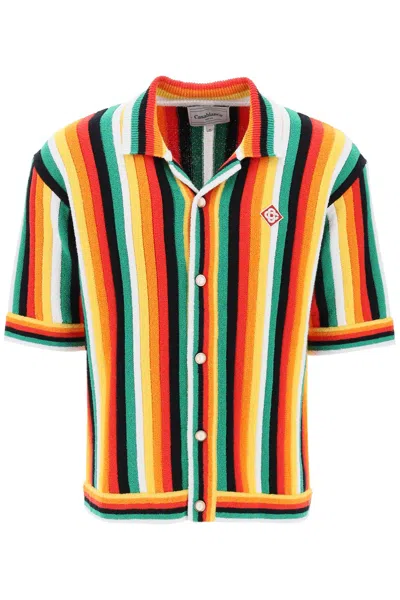 Shop Casablanca Striped Knit Bowling Shirt With Nine Words Men In Multicolor