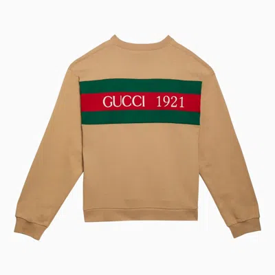 Shop Gucci Camel-coloured Cotton Sweatshirt With Web Ribbon Men In Brown