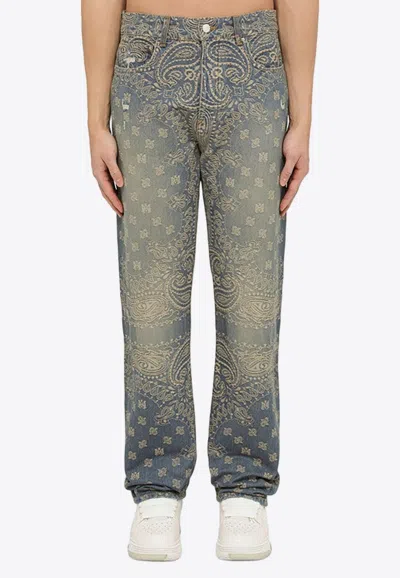 Shop Amiri Bandana-embroidered Straight-leg Jeans In Light Blue