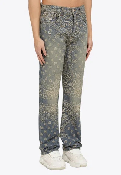 Shop Amiri Bandana-embroidered Straight-leg Jeans In Light Blue