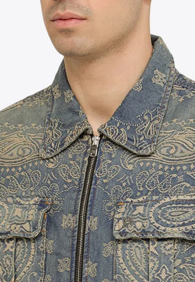 Shop Amiri Bandana-embroidered Zip-up Denim Jacket In Light Blue