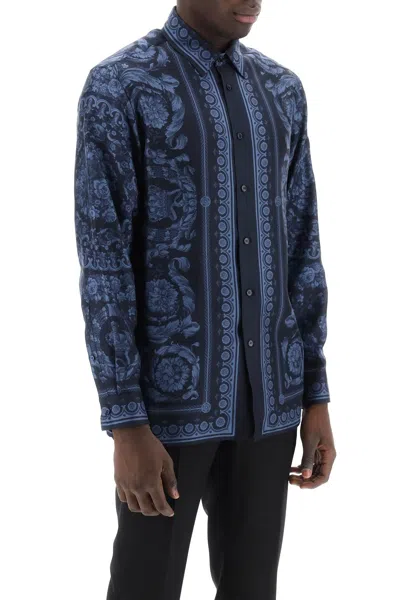 Shop Versace Barocco Silk Shirt Men In Blue