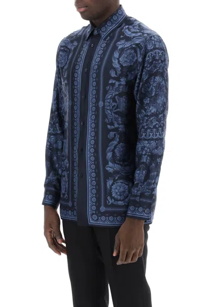 Shop Versace Barocco Silk Shirt Men In Blue