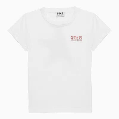 Shop Golden Goose White Cotton T-shirt With Pink Logo