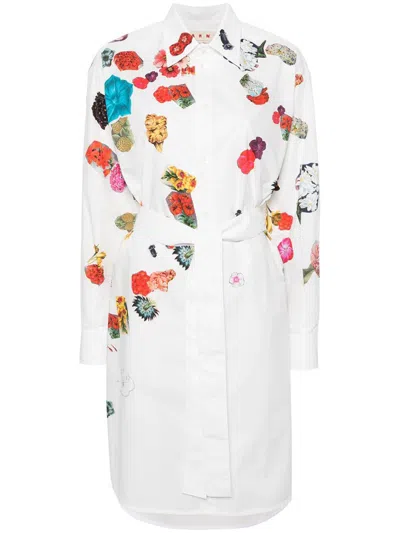 Shop Marni Cotton Shirtdress With Floral Print In White