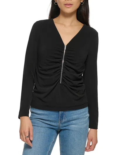 Shop Calvin Klein Womens Front Zip V Neck Blouse In Black