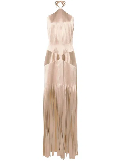 Shop Alberta Ferretti Long Dress With Open Back In Viscose In Beige