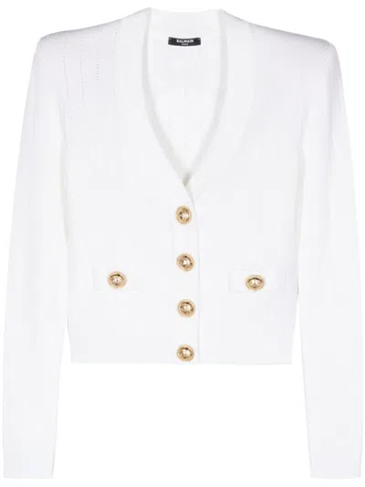 Shop Balmain Knitted Cropped Cardigan In White