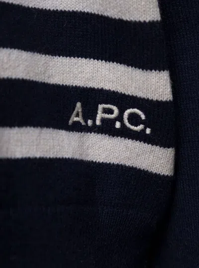 Shop Apc 'matthew' Blue And White Crewneck Sweater With Striped Motif In Cotton And Cashmere Man