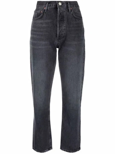 Shop Agolde Tapered-leg Cropped Jeans In Black W Damage