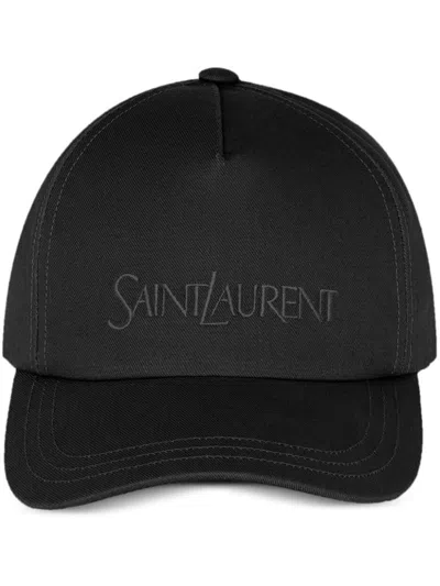 Shop Saint Laurent Embroidered Logo Cotton Cap In Black