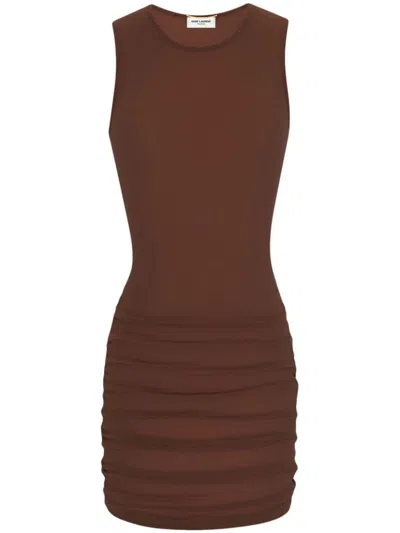 Shop Saint Laurent Stretch Tulle Short Dress In Brown