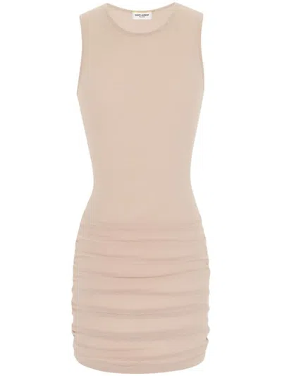 Shop Saint Laurent Stretch Tulle Short Dress In Beige