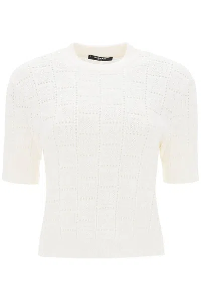 Shop Balmain Short-sleeved Top In Monogram Knit In White