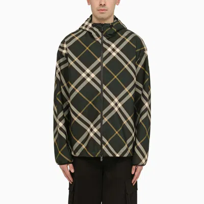 Shop Burberry Check Pattern Hooded Jacket In Green