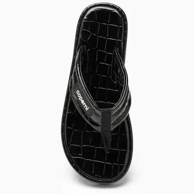 Coperni Logo-appliquéd Rubber-trimmed Croc-effect Patent Leather Flip Flops In Black