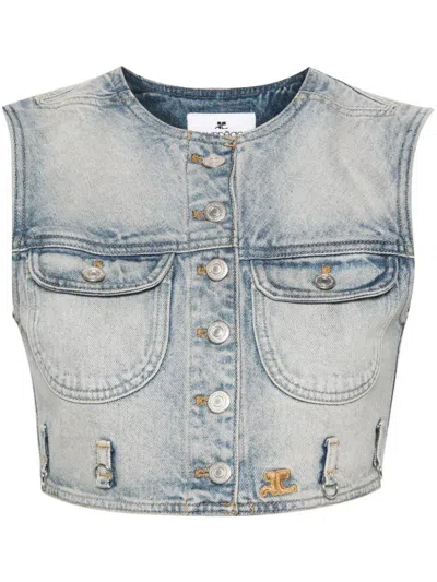 Shop Courrèges Denim Cropped Vest In Clear Blue