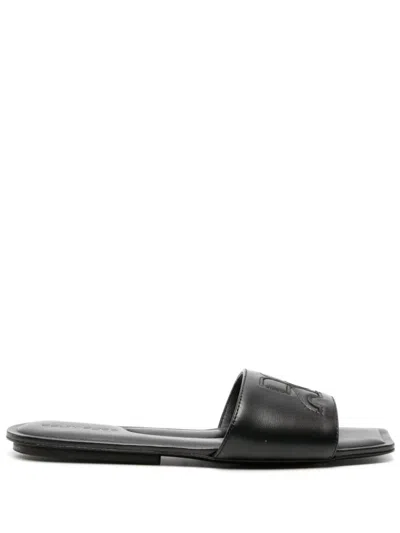 Shop Courrèges Logo Leather Flat Sandals In Black