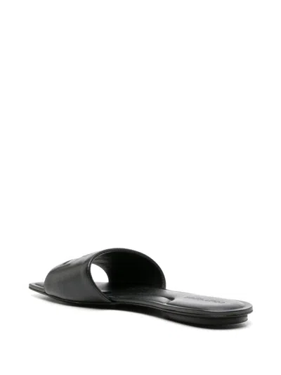 Shop Courrèges Logo Leather Flat Sandals In Black