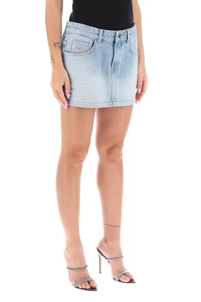 Shop Diesel Denim Mini Skirt With Maxi Logo Patch In Blue