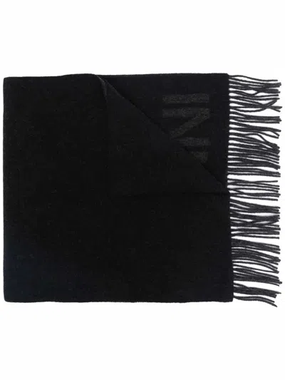 Shop Ganni Fringed Wool Scarf Accessories In Black