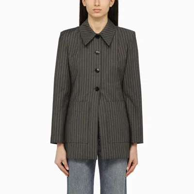Shop Ganni Single-breasted Jacket With Stripes In Grey