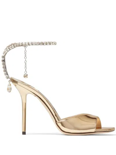 Shop Jimmy Choo Gold-tone Saeda Sandals With Crystal Embellishment In Calf Leather Woman In Grey