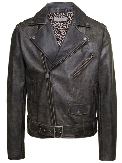 Shop Golden Goose Black Biker Jacket With Leopard Lining Leather Man