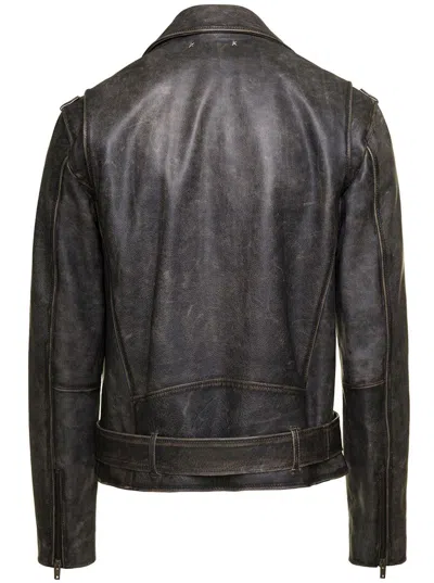 Shop Golden Goose Black Biker Jacket With Leopard Lining Leather Man